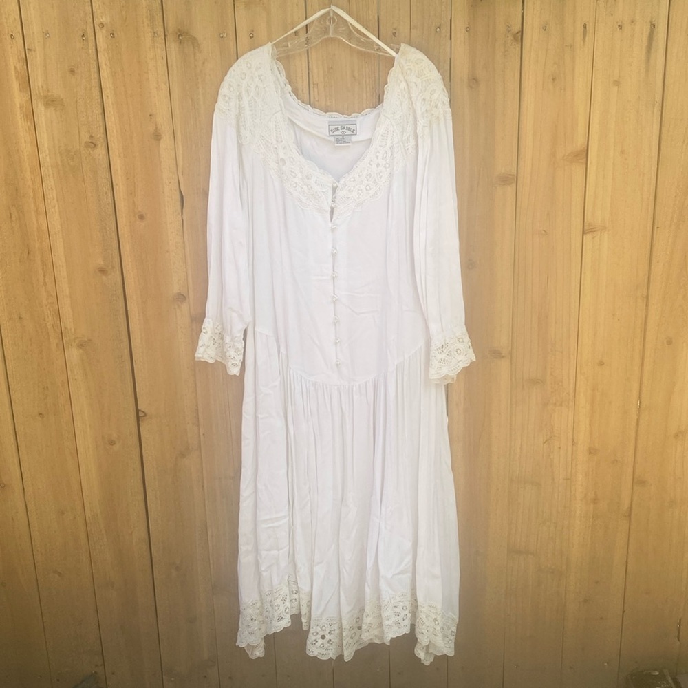 Vintage Plus Size Western Dress White Size 16 Lace Long Sleeve Pearl Button FLAW